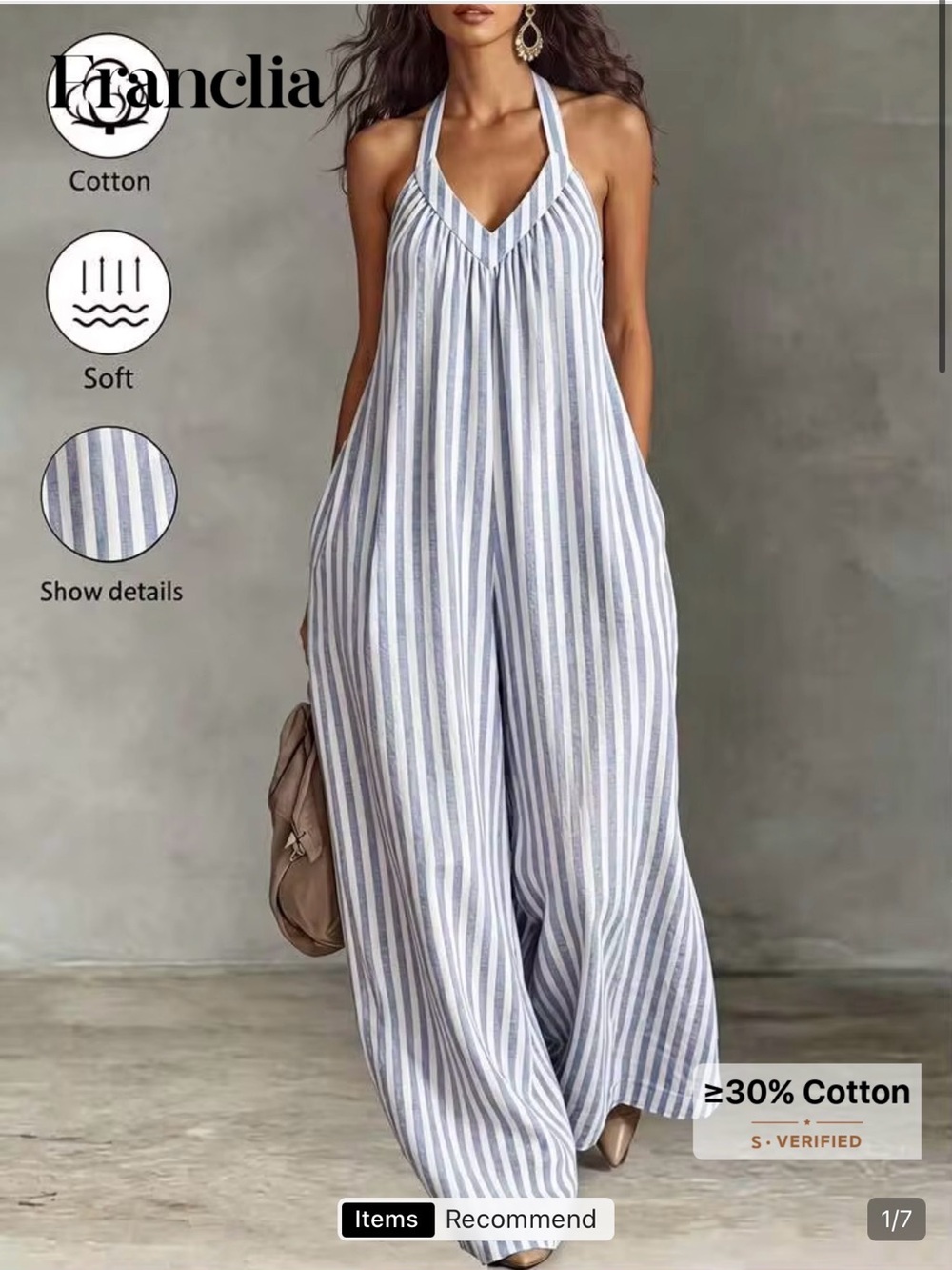 Striped Halter Wide-Leg Jumpsuit - Blue & White